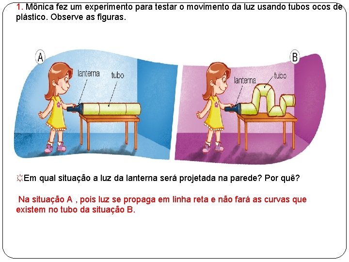1. Mônica fez um experimento para testar o movimento da luz usando tubos ocos 1. Mônica fez um experimento para testar o movimento da luz usando tubos ocos