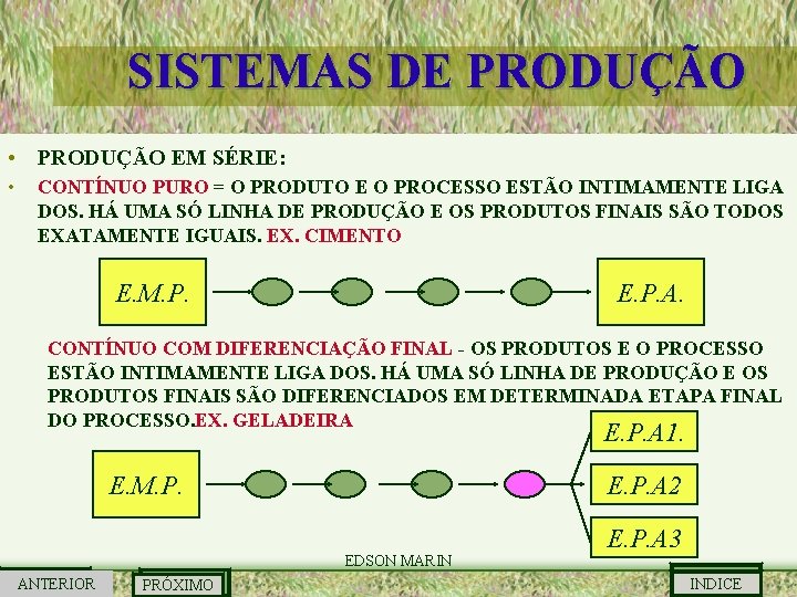 SISTEMAS DE PRODUÇÃO • PRODUÇÃO EM SÉRIE: • CONTÍNUO PURO = O PRODUTO E