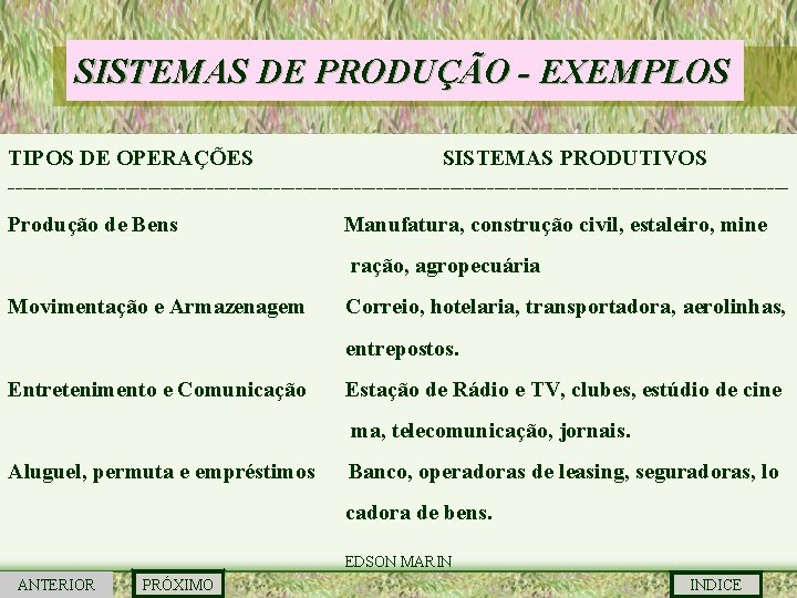 SISTEMAS DE PRODUÇÃO - EXEMPLOS TIPOS DE OPERAÇÕES SISTEMAS PRODUTIVOS -----------------------------------------------------Produção de Bens Manufatura,