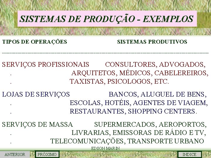 SISTEMAS DE PRODUÇÃO - EXEMPLOS TIPOS DE OPERAÇÕES SISTEMAS PRODUTIVOS ----------------------------------------------------- SERVIÇOS PROFISSIONAIS CONSULTORES,