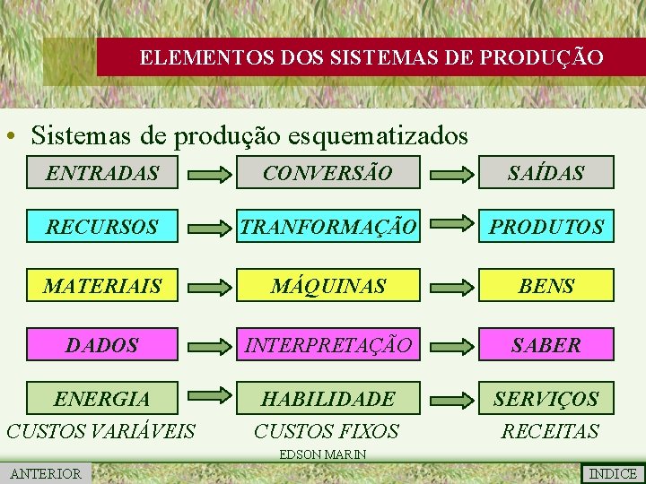 ELEMENTOS DOS SISTEMAS DE PRODUÇÃO • Sistemas de produção esquematizados ENTRADAS CONVERSÃO SAÍDAS RECURSOS