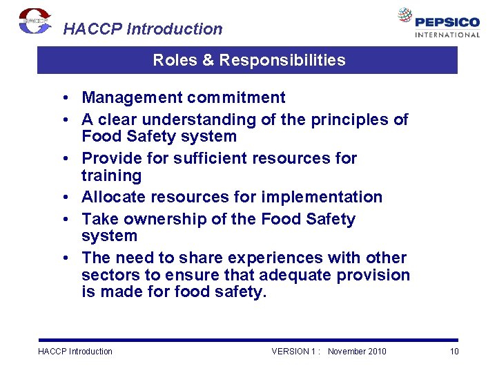 HACCP Introduction Roles & Responsibilities • Management commitment • A clear understanding of the