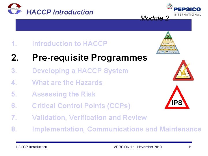 HACCP Introduction Module 2 1. Introduction to HACCP 2. Pre-requisite Programmes 3. Developing a