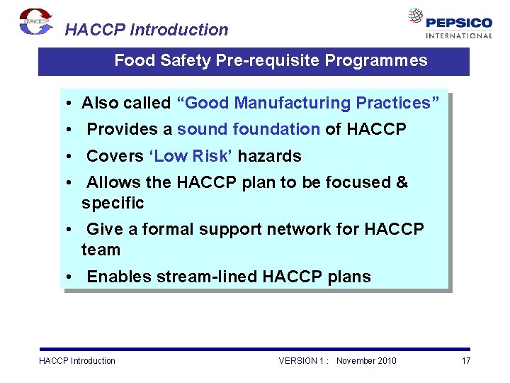 HACCP Introduction Food Safety Pre-requisite Programmes • Also called “Good Manufacturing Practices” • Provides