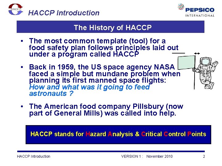 HACCP Introduction The History of HACCP • The most common template (tool) for a