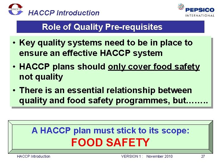 HACCP Introduction Role of Quality Pre-requisites • Key quality systems need to be in