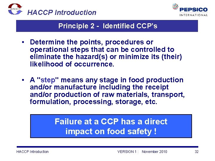 HACCP Introduction Principle 2 - Identified CCP’s • Determine the points, procedures or operational