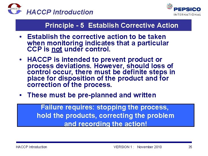 HACCP Introduction Principle - 5 Establish Corrective Action • Establish the corrective action to
