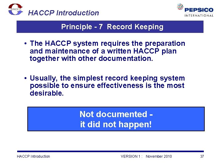 HACCP Introduction Principle - 7 Record Keeping • The HACCP system requires the preparation