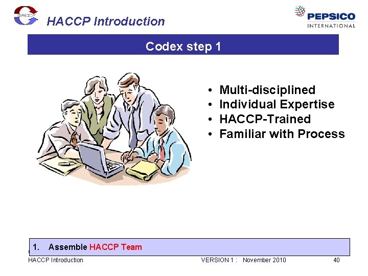 HACCP Introduction Codex step 1 • • 1. Multi-disciplined Individual Expertise HACCP-Trained Familiar with