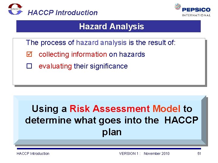 HACCP Introduction Hazard Analysis The process of hazard analysis is the result of: þ