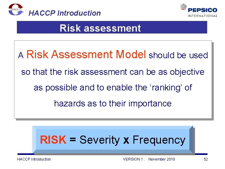 HACCP Introduction Risk assessment A Risk Assessment Model should be used so that the