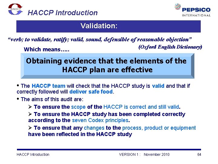 HACCP Introduction Validation: “verb; to validate, ratify; valid, sound, defensible of reasonable objection” Which