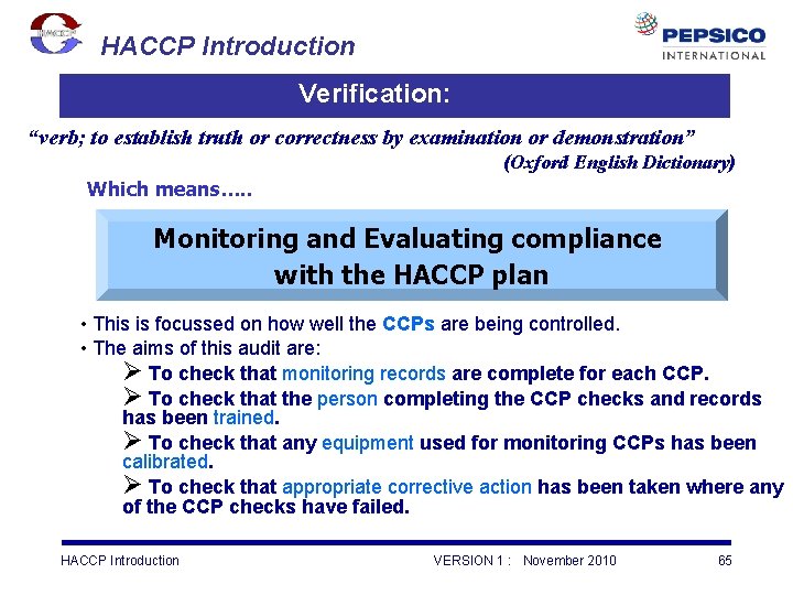 HACCP Introduction Verification: “verb; to establish truth or correctness by examination or demonstration” (Oxford