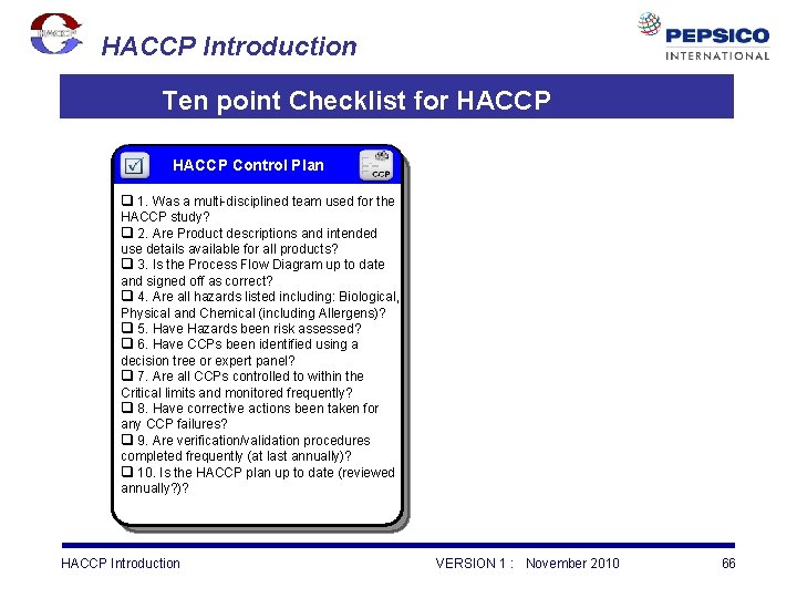 HACCP Introduction Ten point Checklist for HACCP Control Plan q 1. Was a multi-disciplined