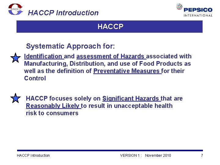 HACCP Introduction HACCP Systematic Approach for: Identification and assessment of Hazards associated with Manufacturing,