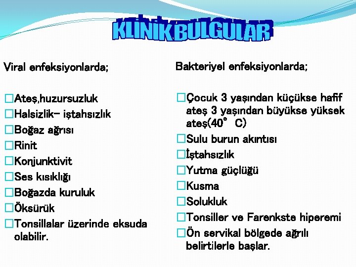 Viral enfeksiyonlarda; Bakteriyel enfeksiyonlarda; �Ateş, huzursuzluk �Halsizlik- iştahsızlık �Boğaz ağrısı �Rinit �Konjunktivit �Ses kısıklığı