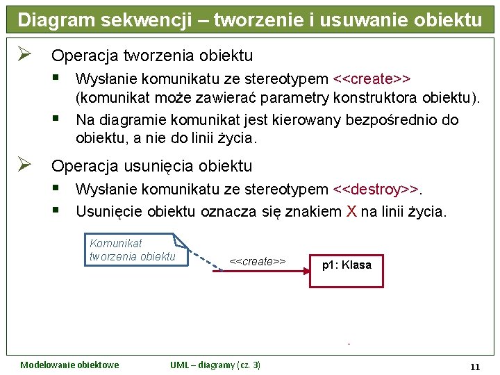 Diagram sekwencji – tworzenie i usuwanie obiektu Ø Operacja tworzenia obiektu § § Ø