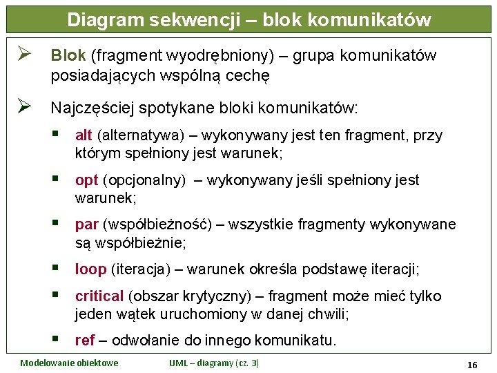 Diagram sekwencji – blok komunikatów Ø Blok (fragment wyodrębniony) – grupa komunikatów posiadających wspólną