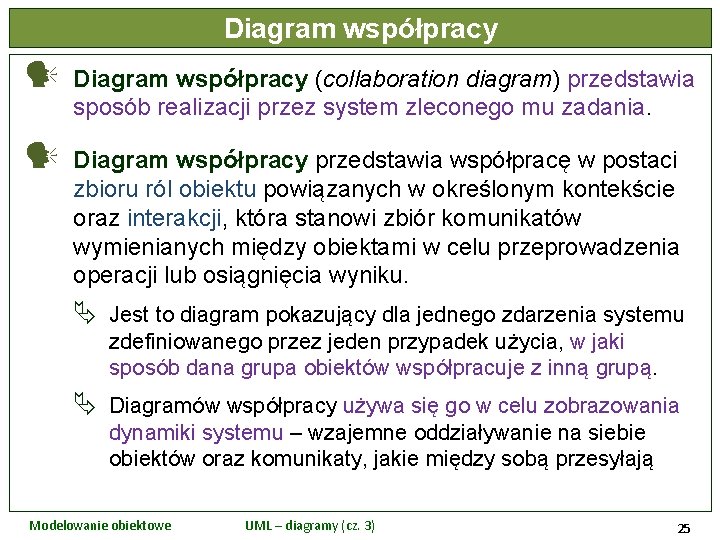 Diagram współpracy (collaboration diagram) przedstawia sposób realizacji przez system zleconego mu zadania. Diagram współpracy