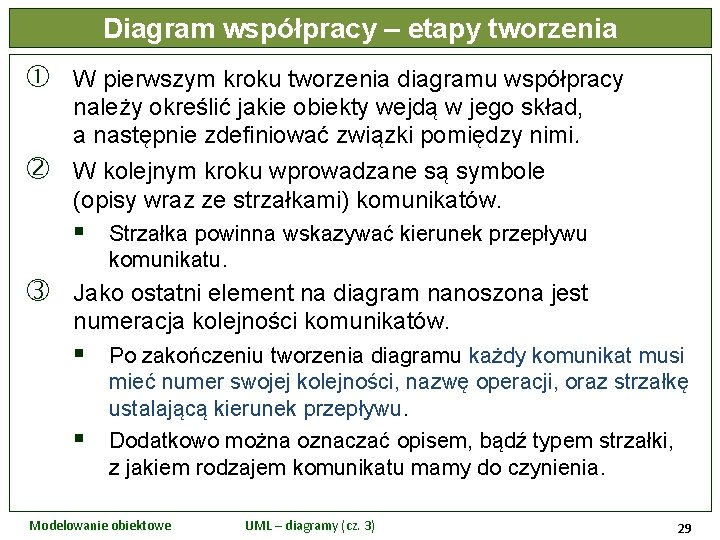 Diagram współpracy – etapy tworzenia W pierwszym kroku tworzenia diagramu współpracy należy określić jakie