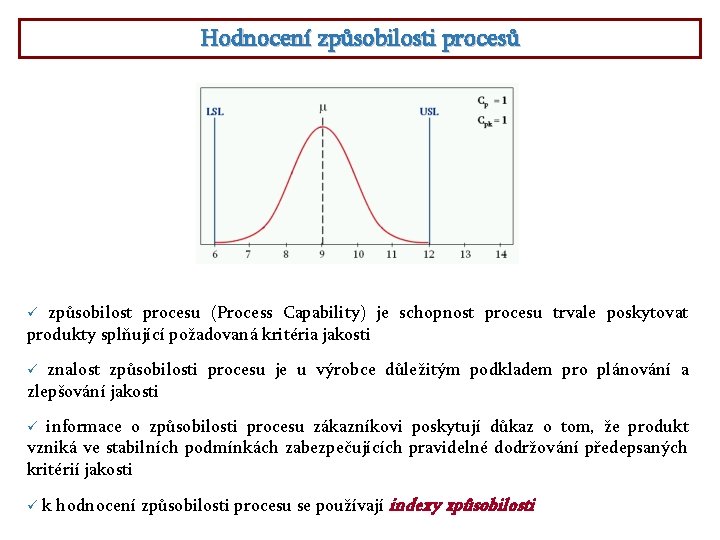 Hodnocení způsobilosti procesů způsobilost procesu (Process Capability) je schopnost procesu trvale poskytovat produkty splňující