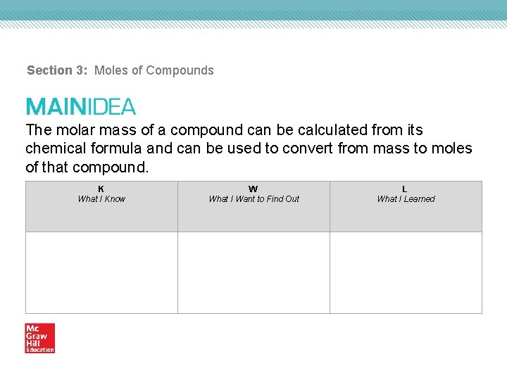 Section 3: Moles of Compounds The molar mass of a compound can be calculated