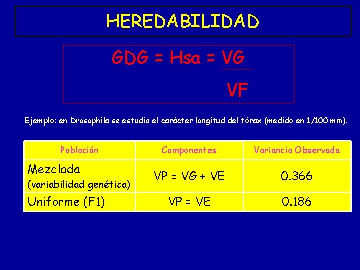 HEREDABILIDAD GDG = Hsa = VG VF Ejemplo: en Drosophila se estudia el carácter