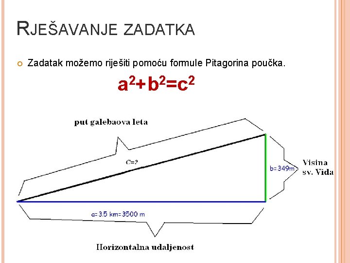 RJEŠAVANJE ZADATKA Zadatak možemo riješiti pomoću formule Pitagorina poučka. a 2+b 2=c 2 RJEŠAVANJE ZADATKA Zadatak možemo riješiti pomoću formule Pitagorina poučka. a 2+b 2=c 2