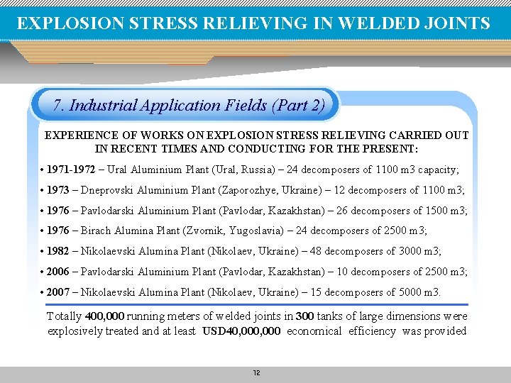EXPLOSION STRESS RELIEVING IN WELDED JOINTS 7. Industrial Application Fields (Part 2) EXPERIENCE OF