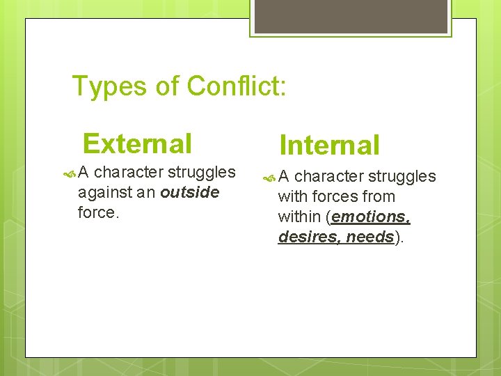 Types of Conflict: External A character struggles against an outside force. Internal A character Types of Conflict: External A character struggles against an outside force. Internal A character