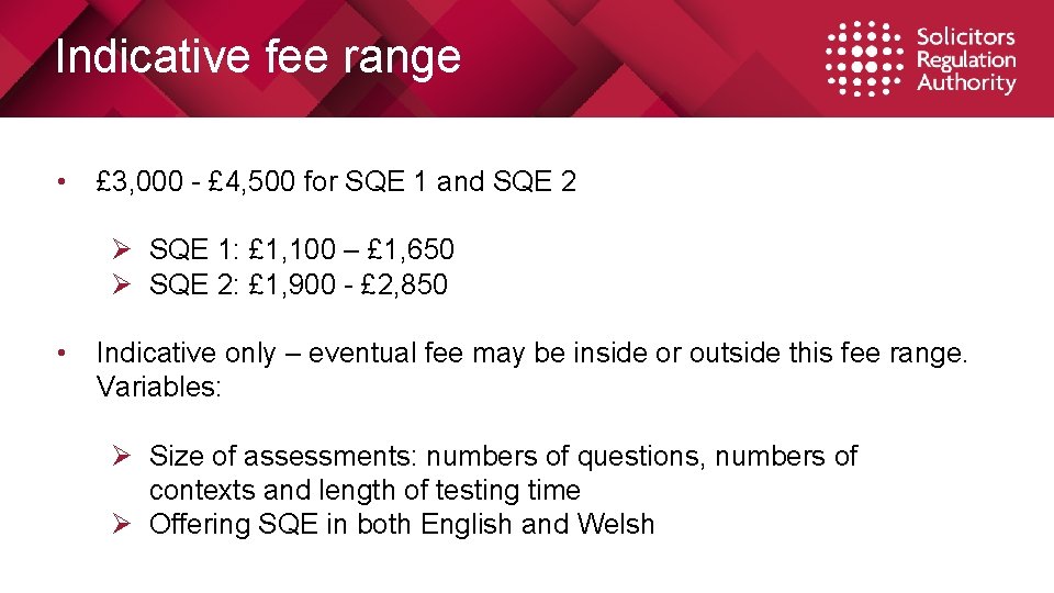 Indicative fee range • £ 3, 000 - £ 4, 500 for SQE 1