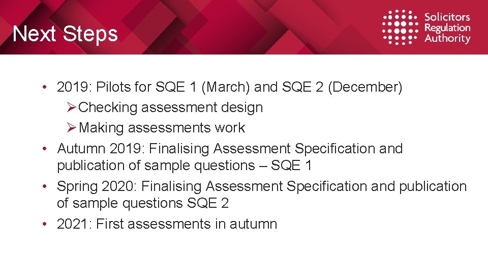 Next Steps • 2019: Pilots for SQE 1 (March) and SQE 2 (December) Ø