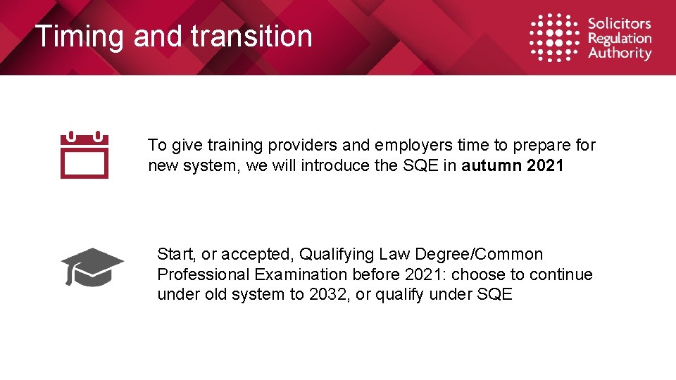 Timing and transition To give training providers and employers time to prepare for new
