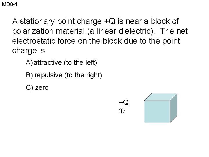 MD 8 -1 A stationary point charge +Q is near a block of polarization