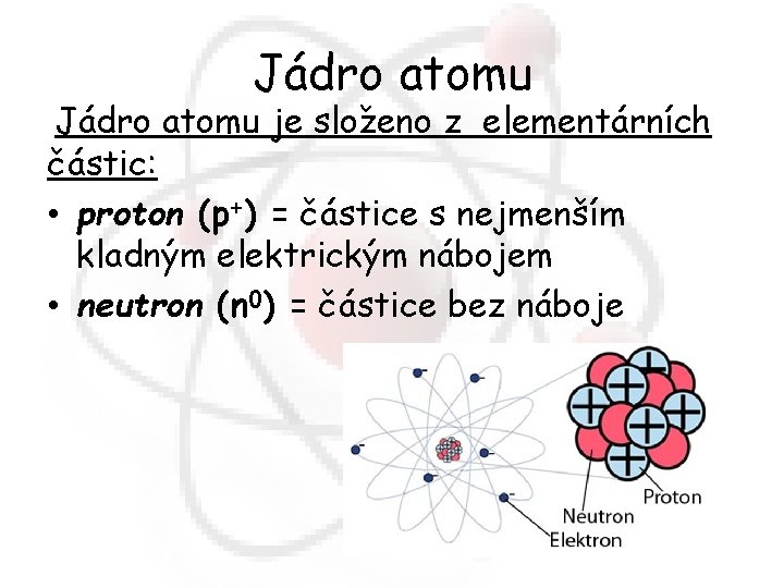 Jádro atomu je složeno z elementárních částic: • proton (p+) = částice s nejmenším