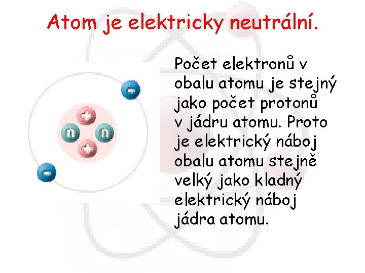 Atom je elektricky neutrální. Počet elektronů v obalu atomu je stejný jako počet protonů