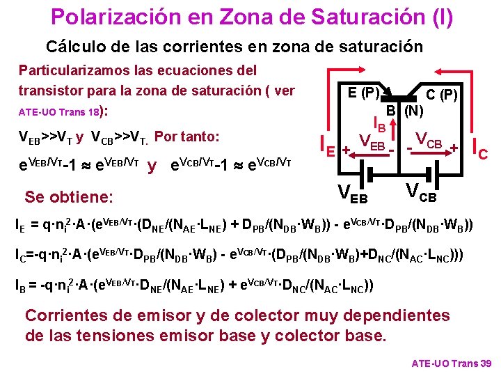 Polarización en Zona de Saturación (I) Cálculo de las corrientes en zona de saturación