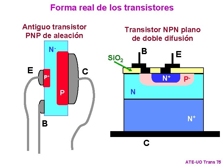 Forma real de los transistores Antiguo transistor PNP de aleación Transistor NPN plano de