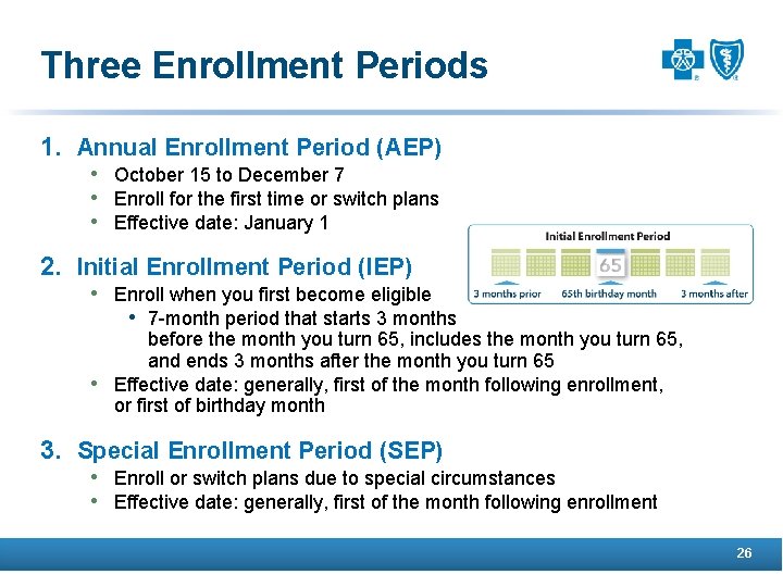 Three Enrollment Periods 1. Annual Enrollment Period (AEP) • October 15 to December 7