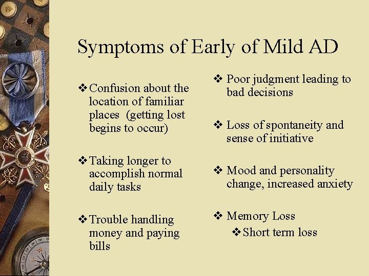 Symptoms of Early of Mild AD v Confusion about the location of familiar places