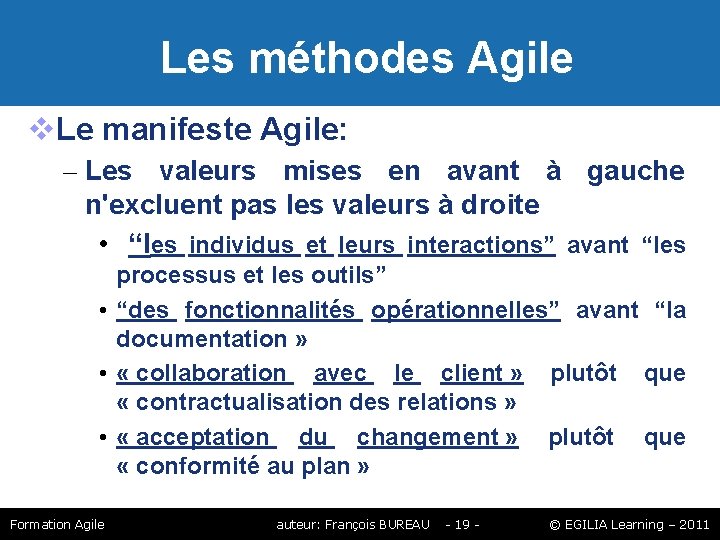 Les méthodes Agile Le manifeste Agile: – Les valeurs mises en avant à Les méthodes Agile Le manifeste Agile: – Les valeurs mises en avant à