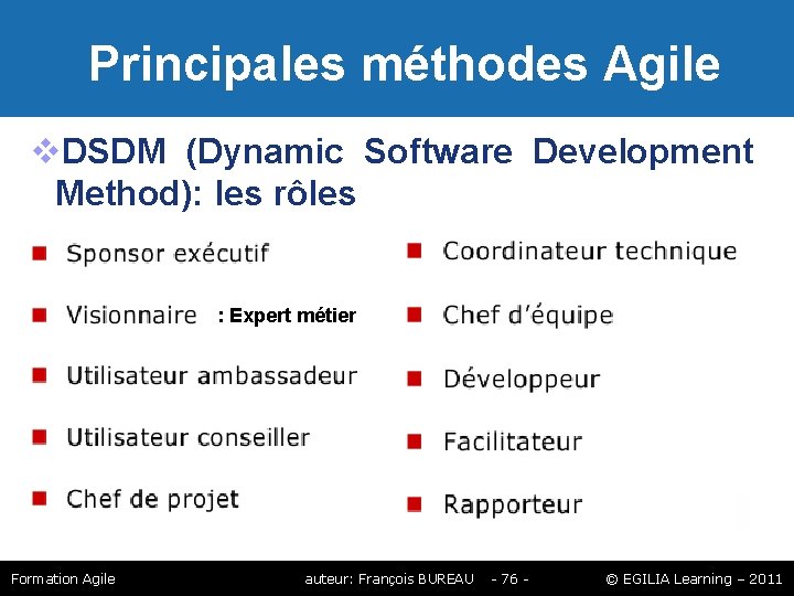 Principales méthodes Agile DSDM (Dynamic Software Development Method): les rôles : Expert métier Principales méthodes Agile DSDM (Dynamic Software Development Method): les rôles : Expert métier