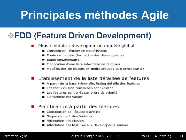 Principales méthodes Agile FDD (Feature Driven Development) Formation Agile auteur: François BUREAU - Principales méthodes Agile FDD (Feature Driven Development) Formation Agile auteur: François BUREAU -