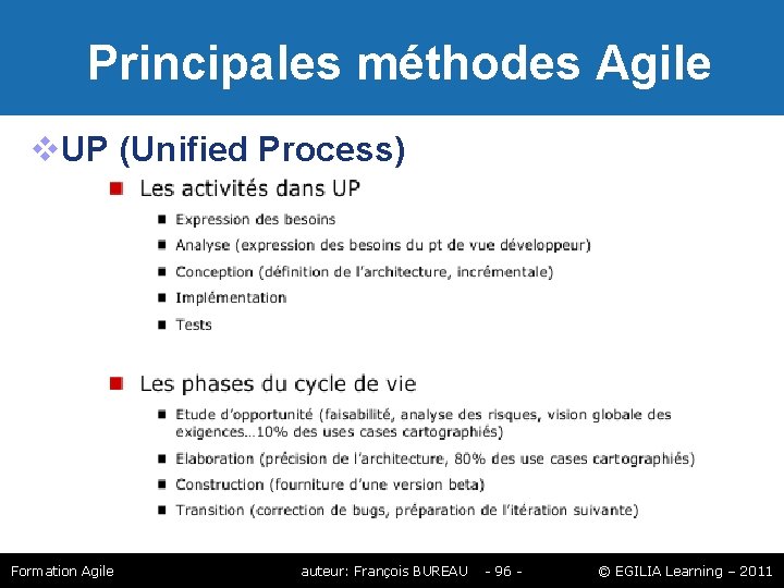 Principales méthodes Agile UP (Unified Process) Formation Agile auteur: François BUREAU - 96 Principales méthodes Agile UP (Unified Process) Formation Agile auteur: François BUREAU - 96