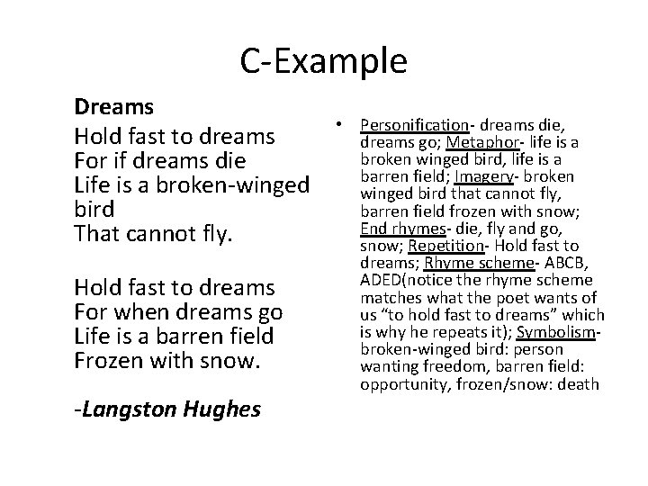 C-Example Dreams Hold fast to dreams For if dreams die Life is a broken-winged