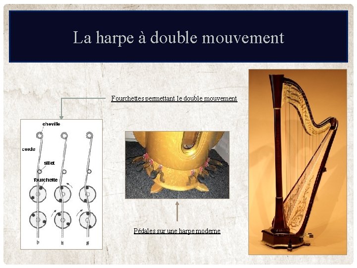 La harpe à double mouvement Fourchettes permettant le double mouvement Pédales sur une harpe La harpe à double mouvement Fourchettes permettant le double mouvement Pédales sur une harpe