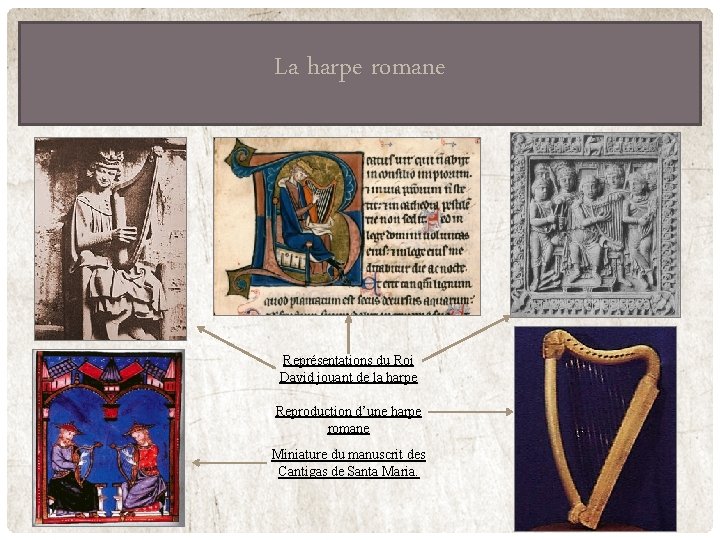 La harpe romane Représentations du Roi David jouant de la harpe Reproduction d’une harpe La harpe romane Représentations du Roi David jouant de la harpe Reproduction d’une harpe