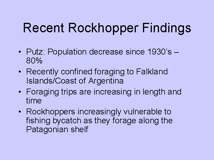 Recent Rockhopper Findings • Putz: Population decrease since 1930’s – 80% • Recently confined