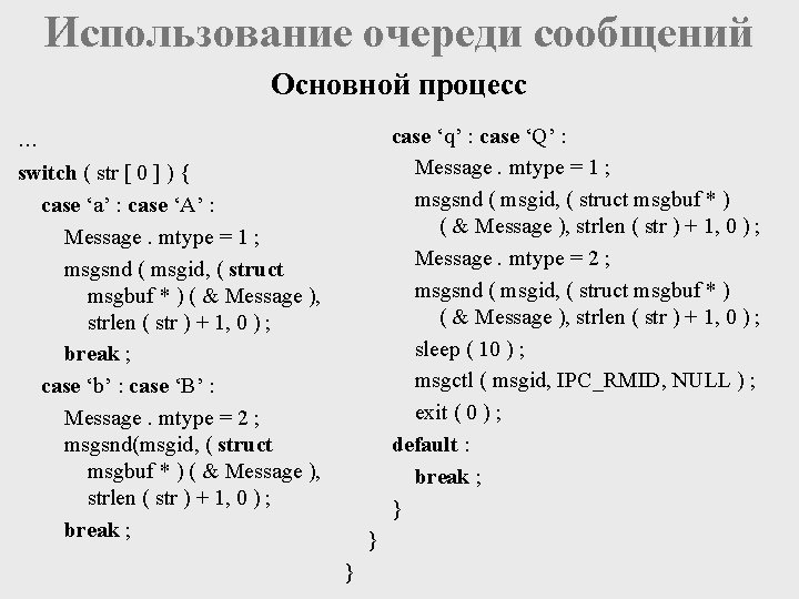 Использование очереди сообщений Основной процесс case ‘q’ : case ‘Q’ : Message. mtype =